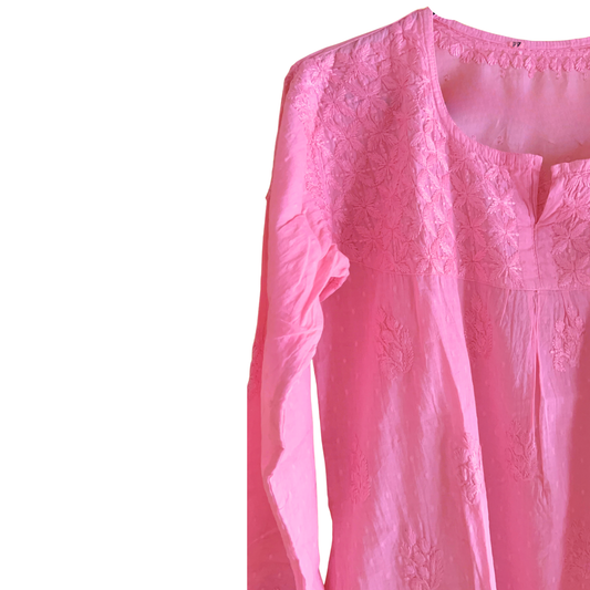 Pink Short Chikan Kurti with Pleated Neck Embroidery