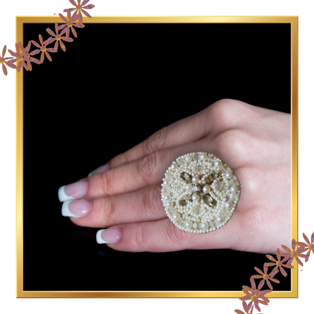 Black and Pearl White Handcrafted Bead Rings