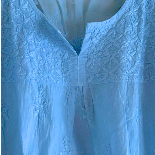 Sky Blue Short Chikan Kurti with Pleated Neck Embroidery