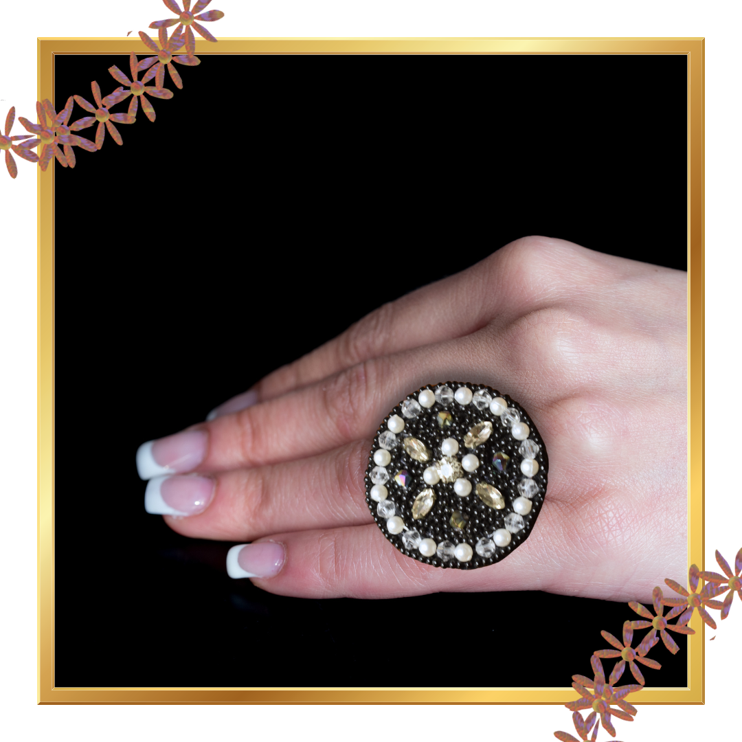 Black and Pearl White Handcrafted Bead Rings