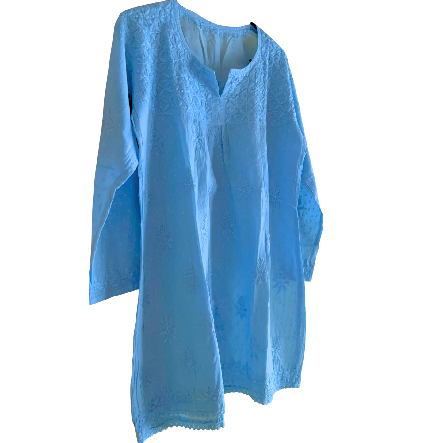 Sky Blue Short Chikan Kurti with Pleated Neck Embroidery