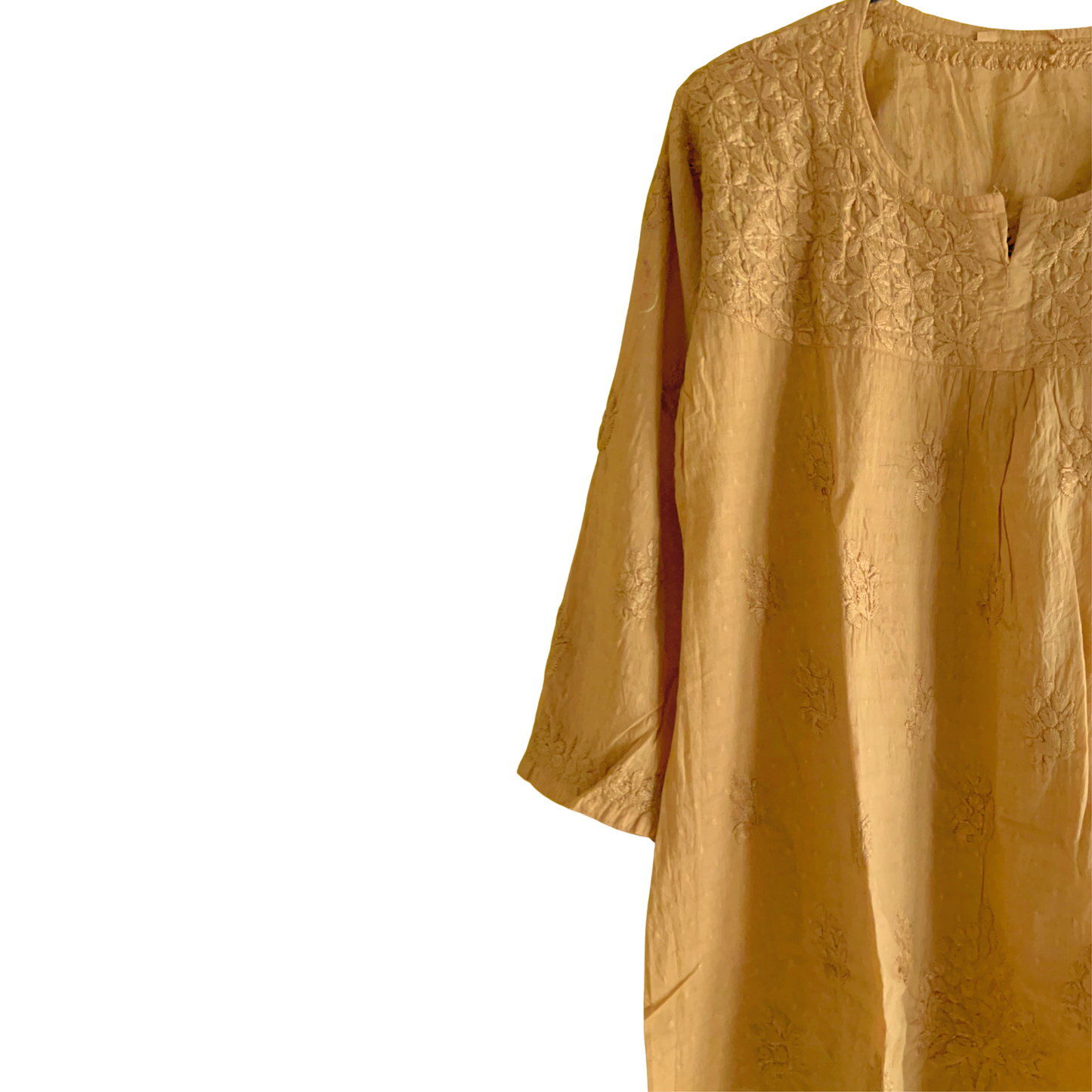 Short Golden Chikan Kurti with Pleated Neck Embroidery