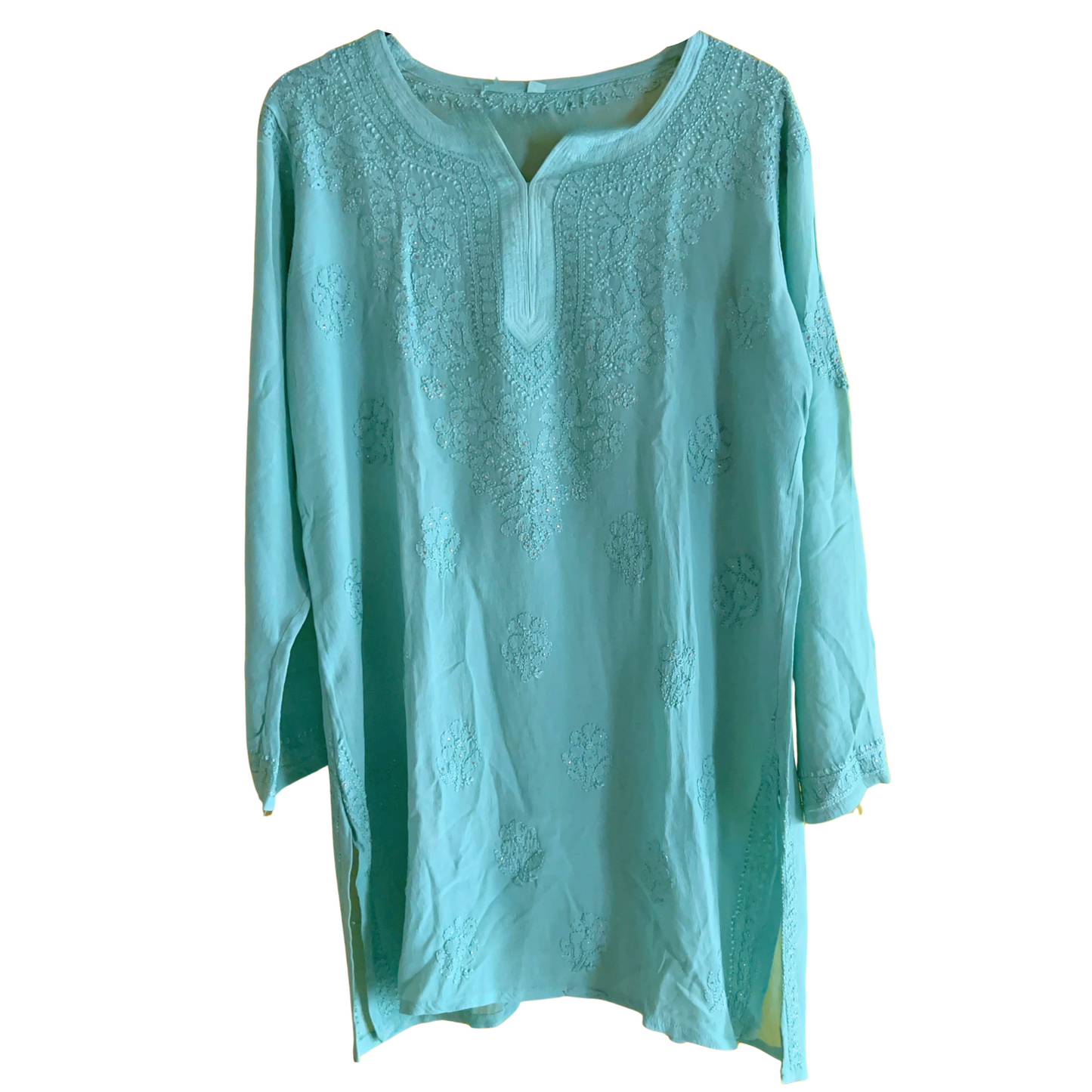 Mukaish Work Pastel Green Georgette Short Chikan Kurti