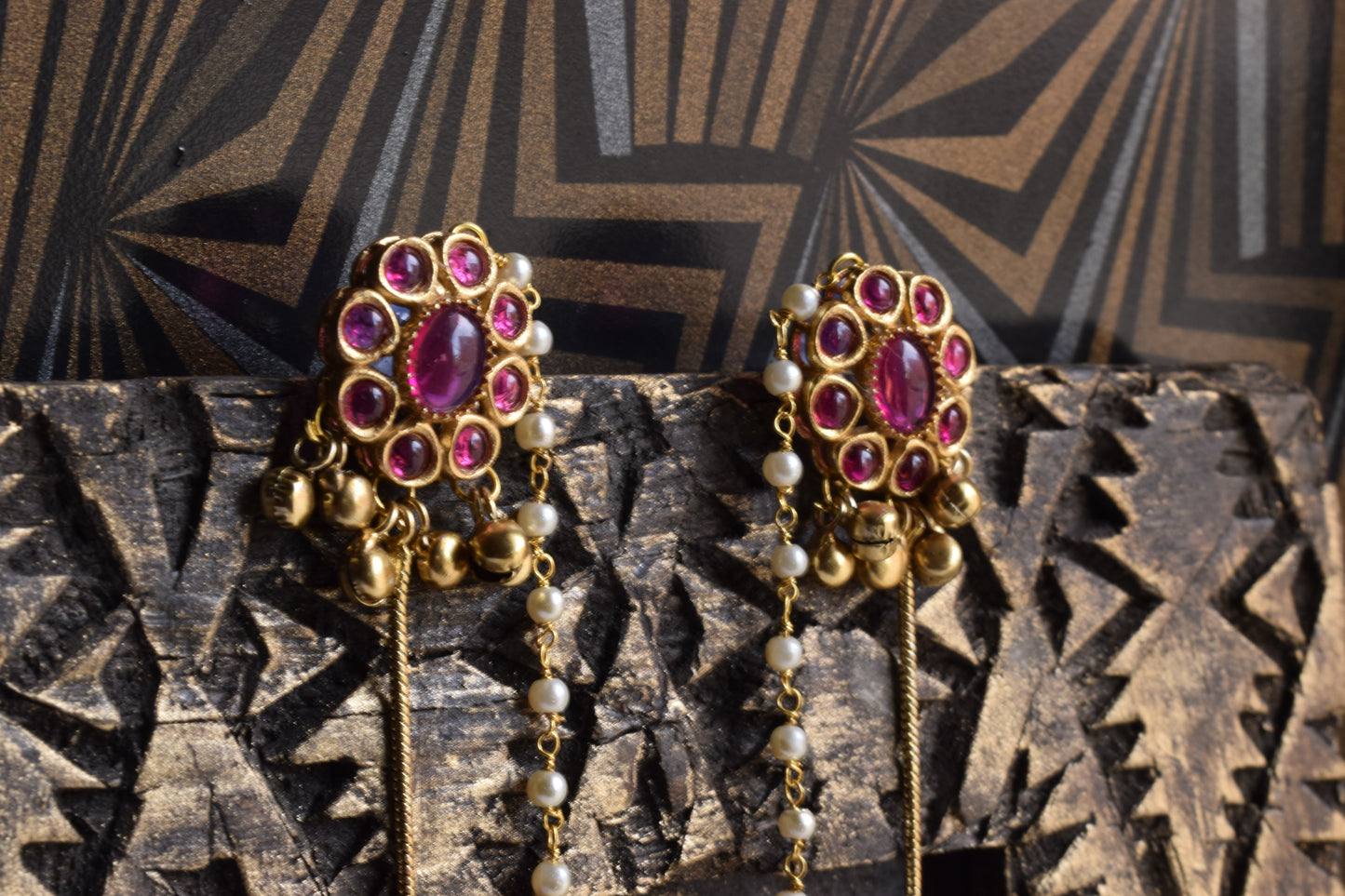 Ruby Pink Kumud Earrings with Ghungroo & Jhumka Kashmiri Latkan