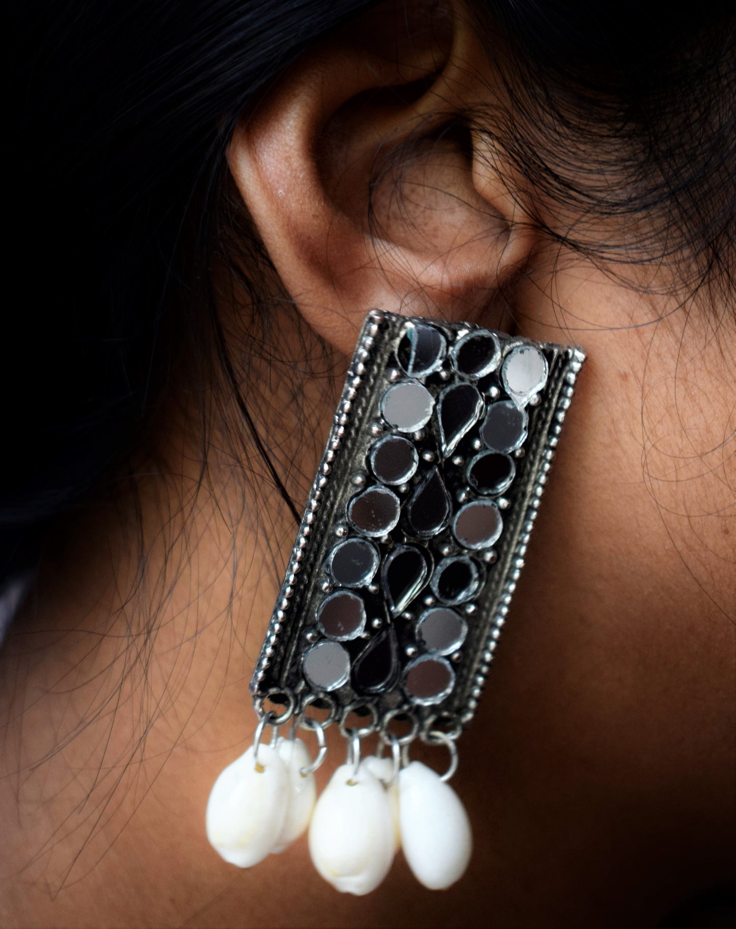 Boho Mirror Sea Shell German Silver Stud Earrings