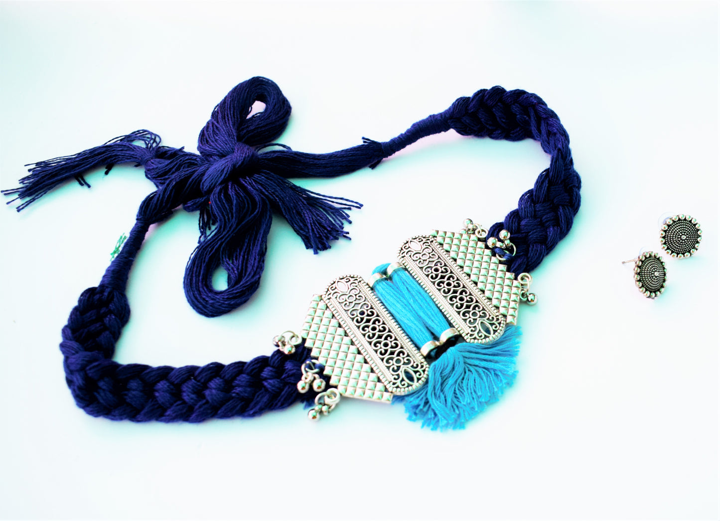 German Silver Jharokha Fabric Necklace Set