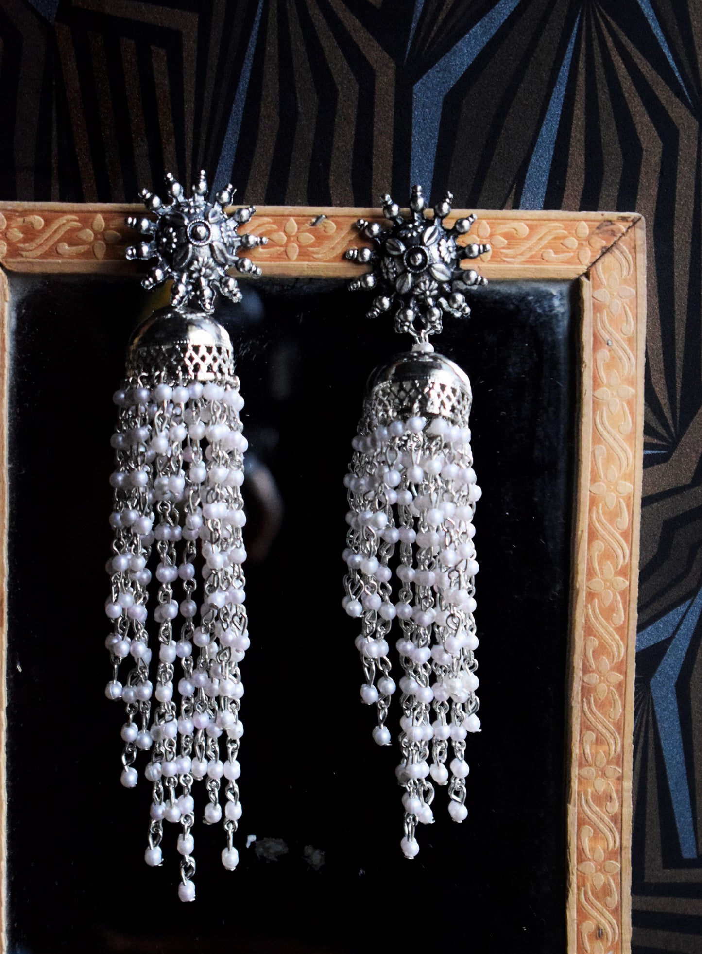 Silver Oxidized Pearl Hanging Chakra Earring