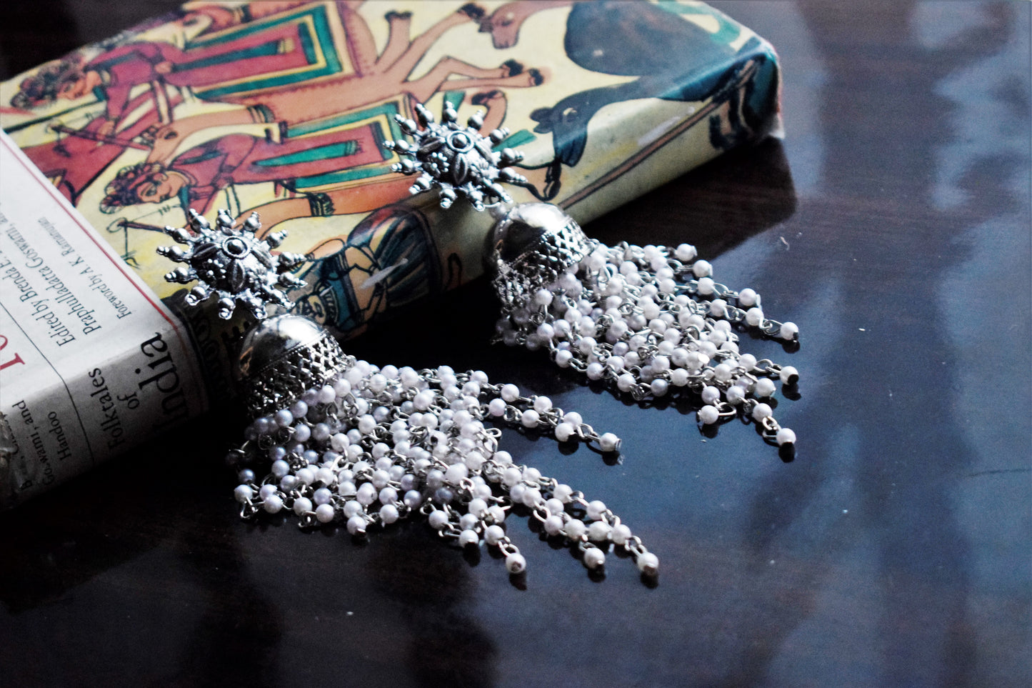 Silver Oxidized Pearl Hanging Chakra Earring