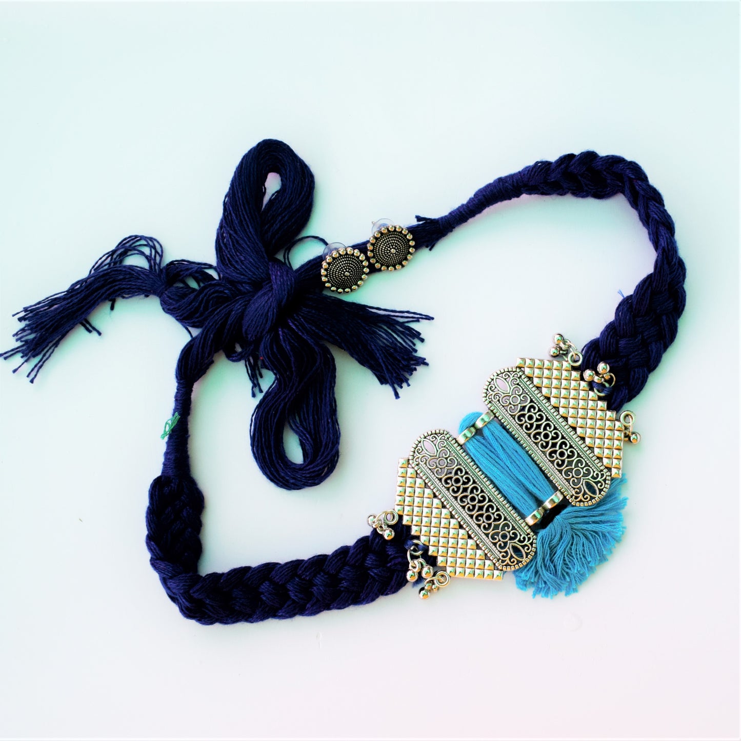 German Silver Jharokha Fabric Necklace Set
