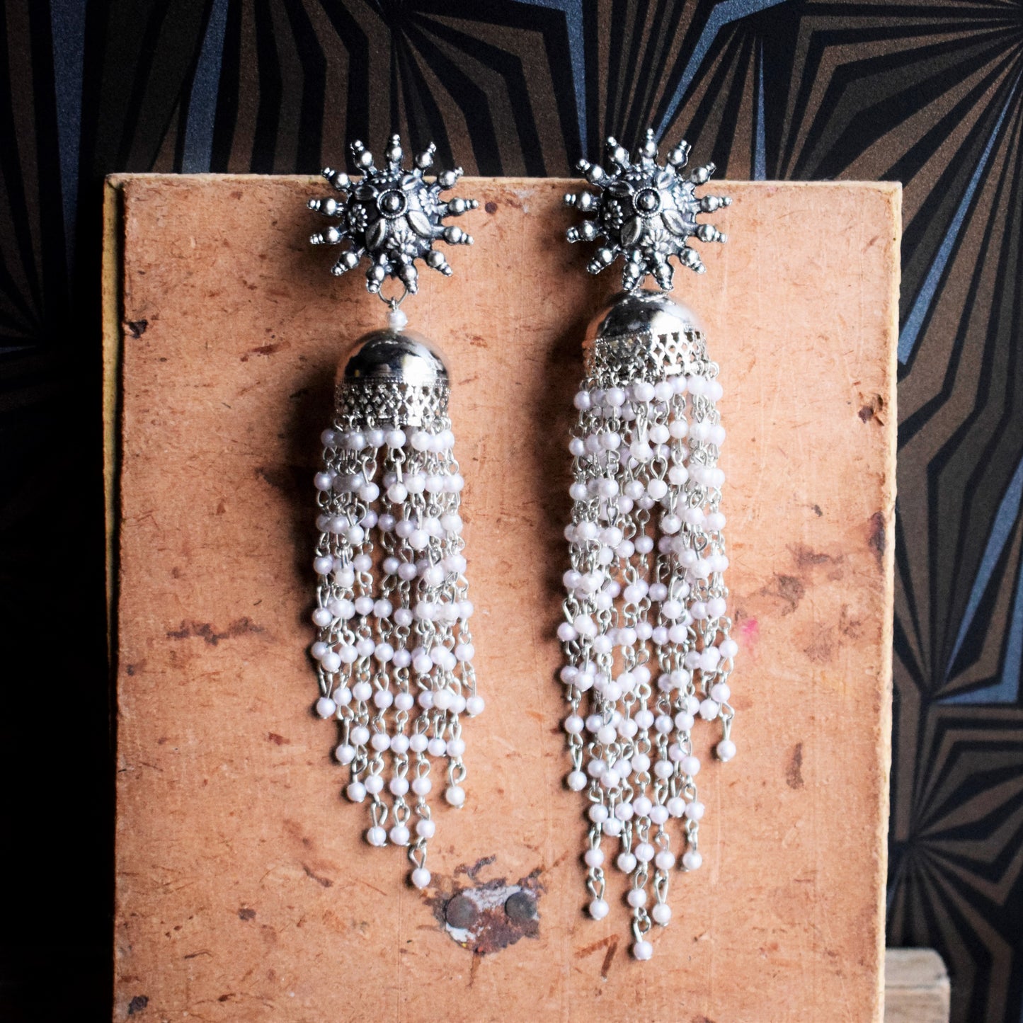 Silver Oxidized Pearl Hanging Chakra Earring