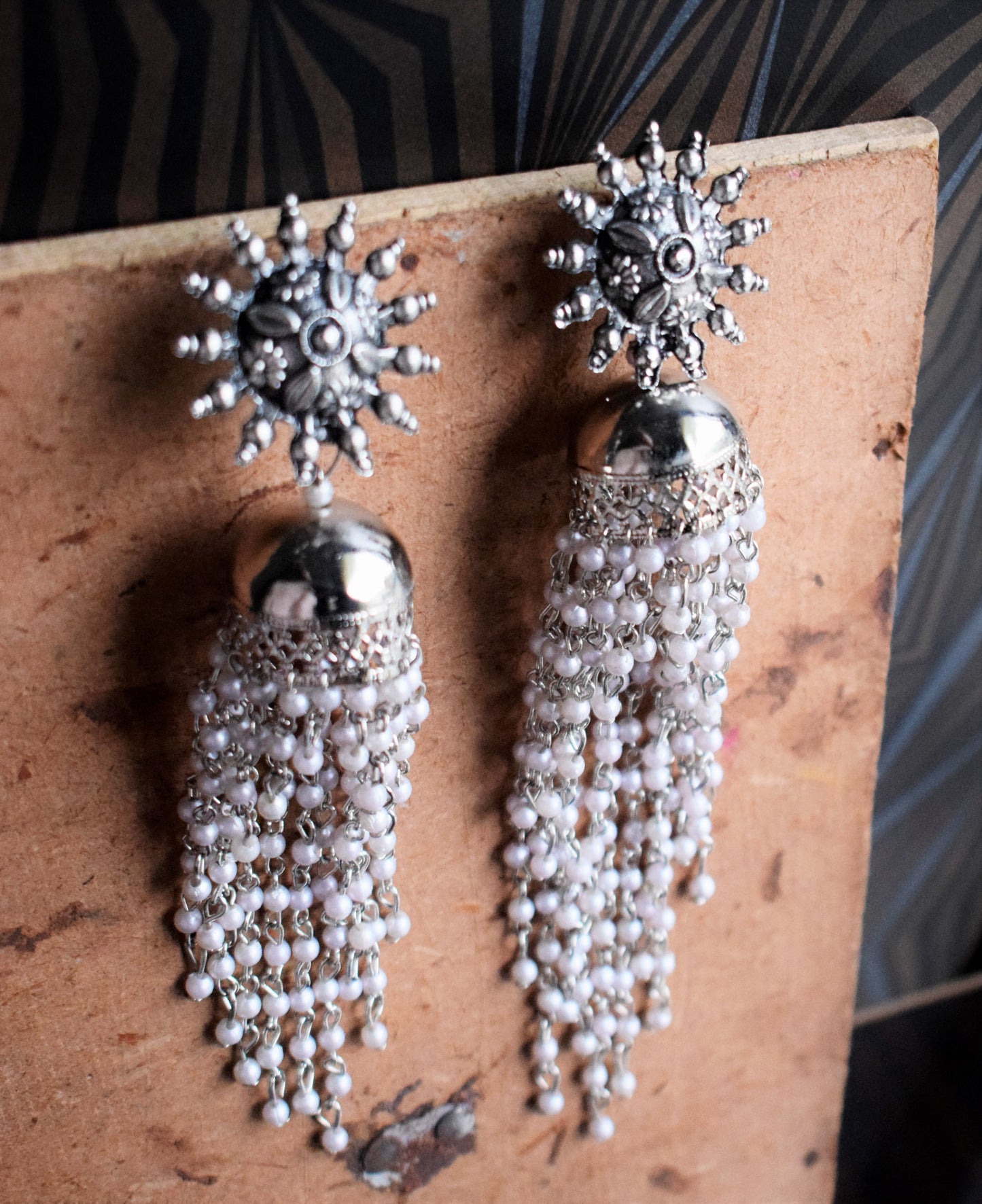 Silver Oxidized Pearl Hanging Chakra Earring