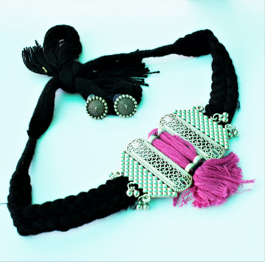 German Silver Jharokha Fabric Necklace Set