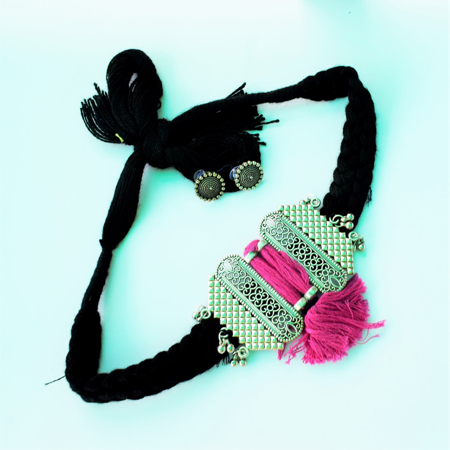 German Silver Jharokha Fabric Necklace Set