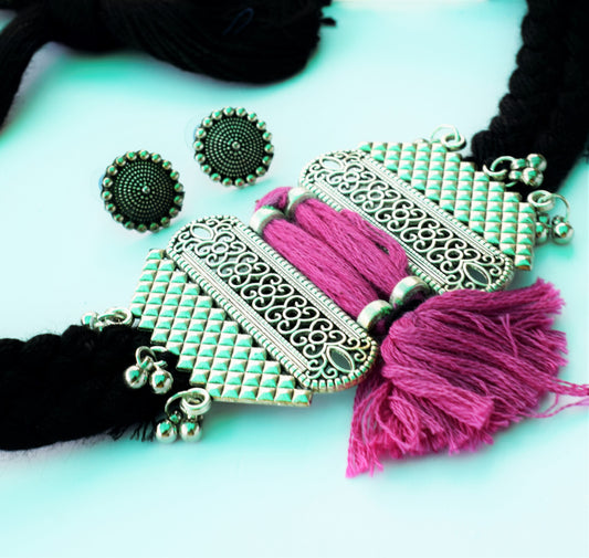 German Silver Jharokha Fabric Necklace Set