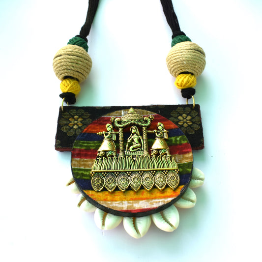 Golden Oxidised Palki Pendant Multicolored Fabric Necklace Set