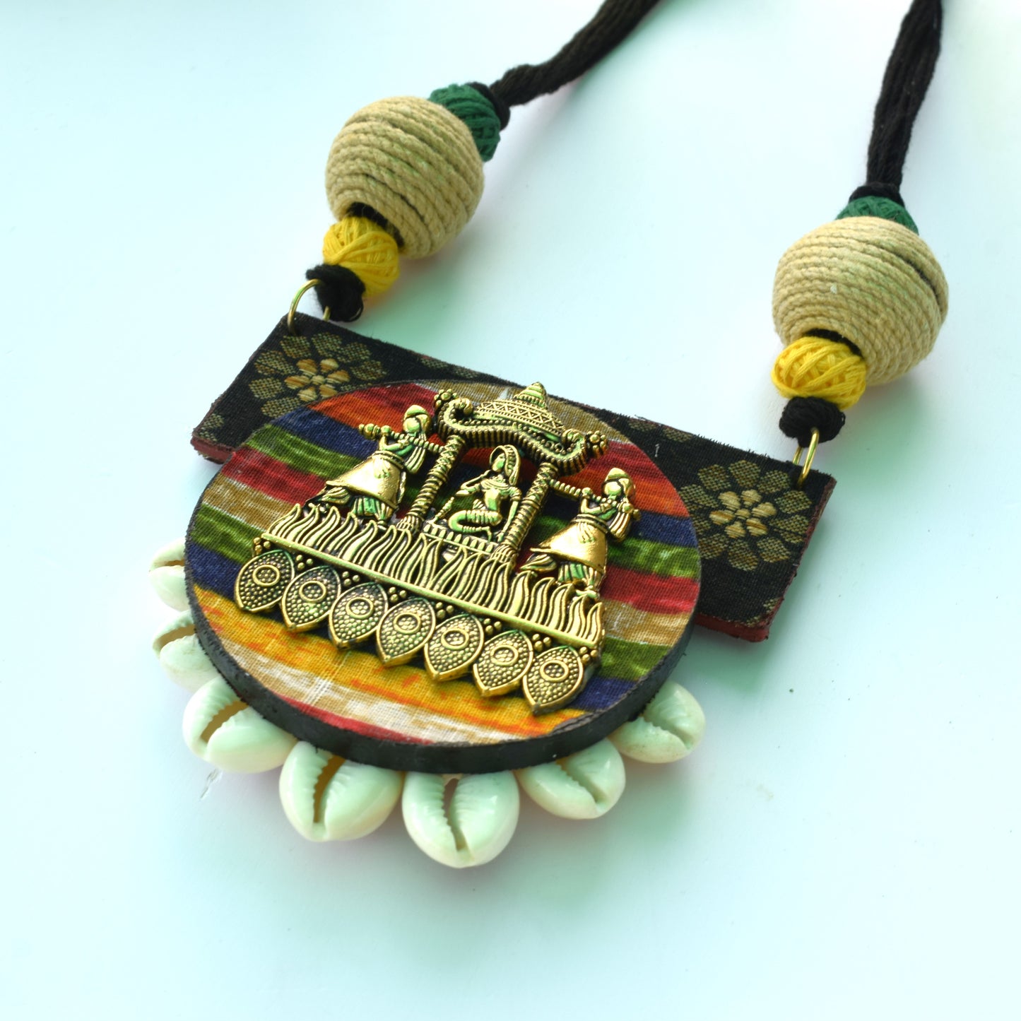 Golden Oxidised Palki Pendant Multicolored Fabric Necklace Set
