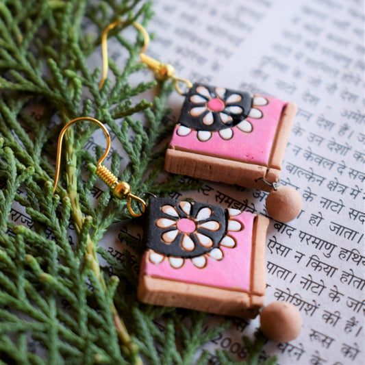Handmade Pink & Black Terracotta Danglers