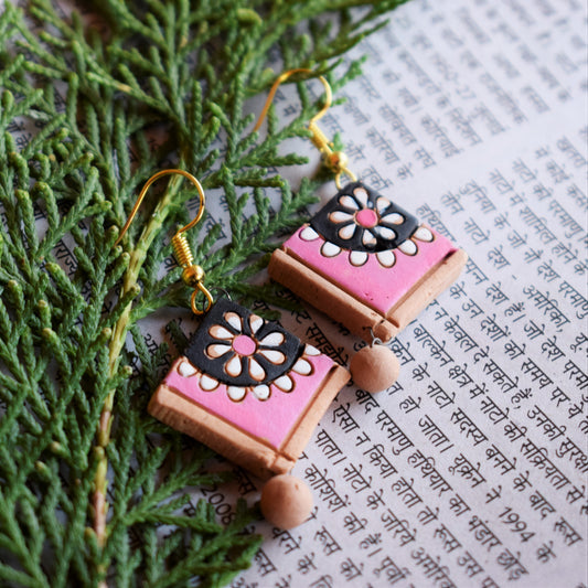 Handmade Pink & Black Terracotta Danglers