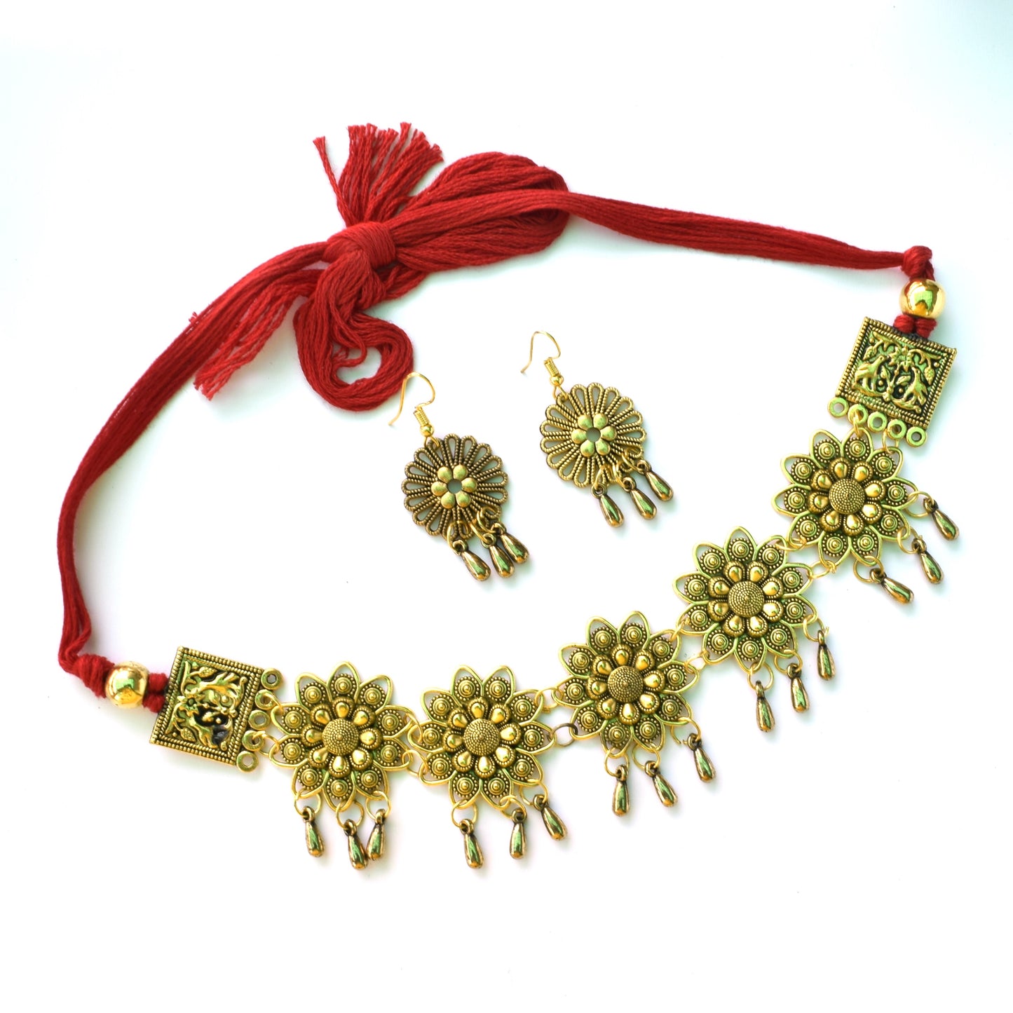 Golden Oxidised Soorajmukhi Choker Necklace with Earrings