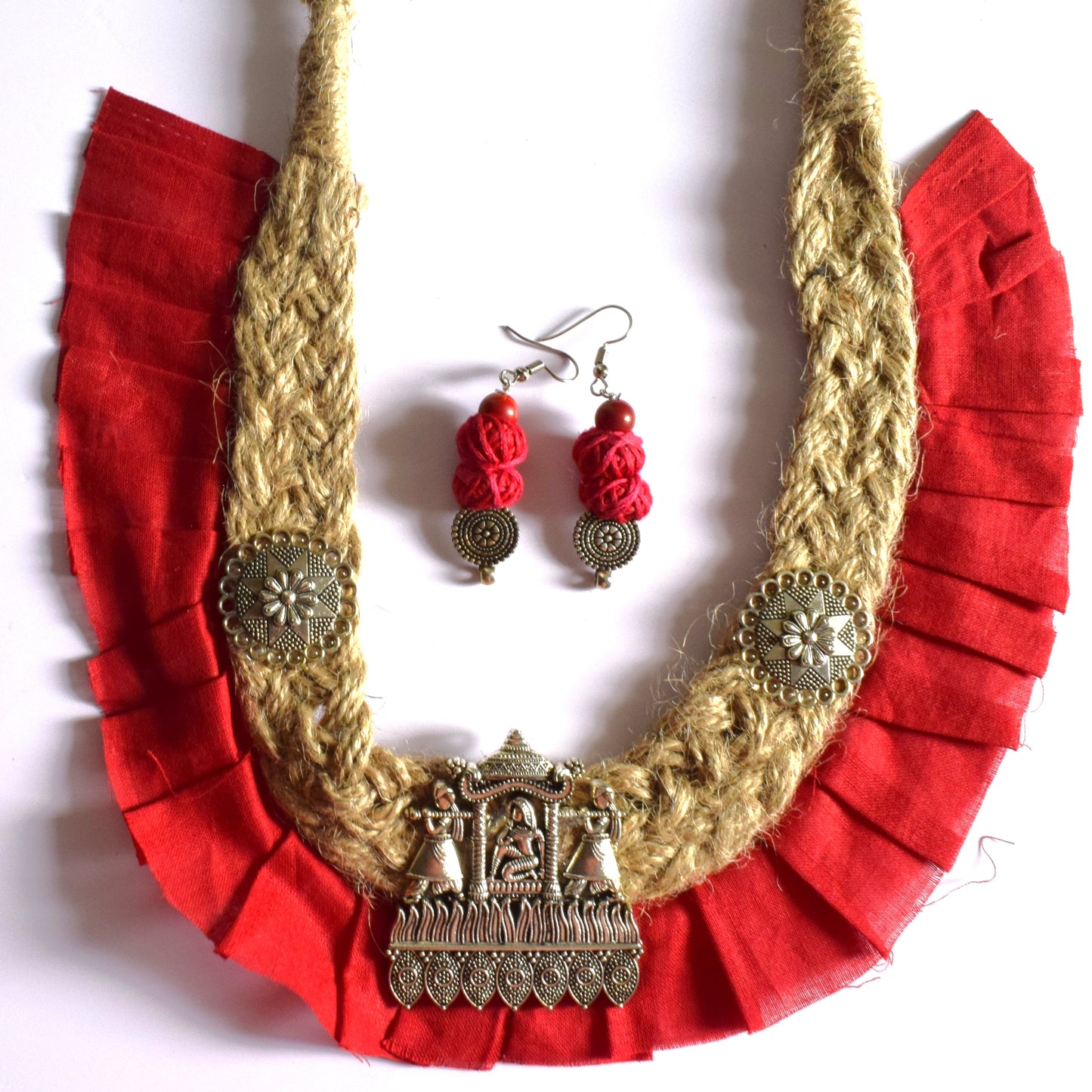 German Silver Palki Pendant Jute Fabric Necklace Set
