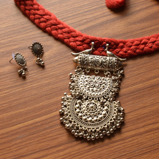 Paramsundari Silver Oxidised Layered Pendant Red Fabric Necklace