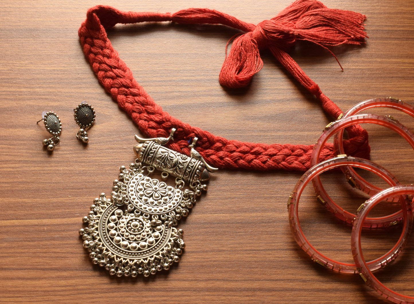 Paramsundari Silver Oxidised Layered Pendant Red Fabric Necklace