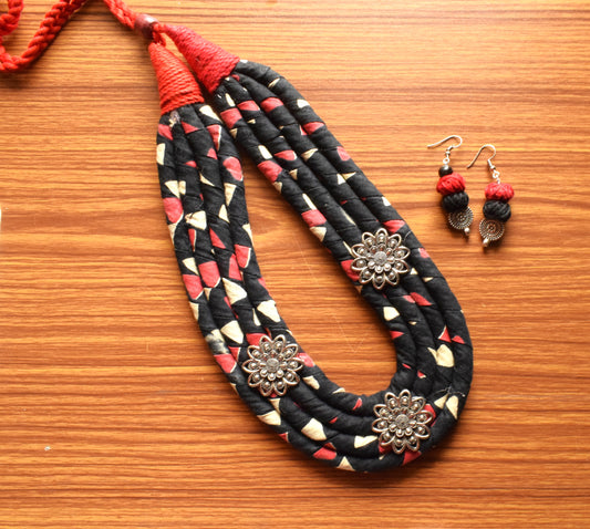 Black Floral Fabric Necklace Set