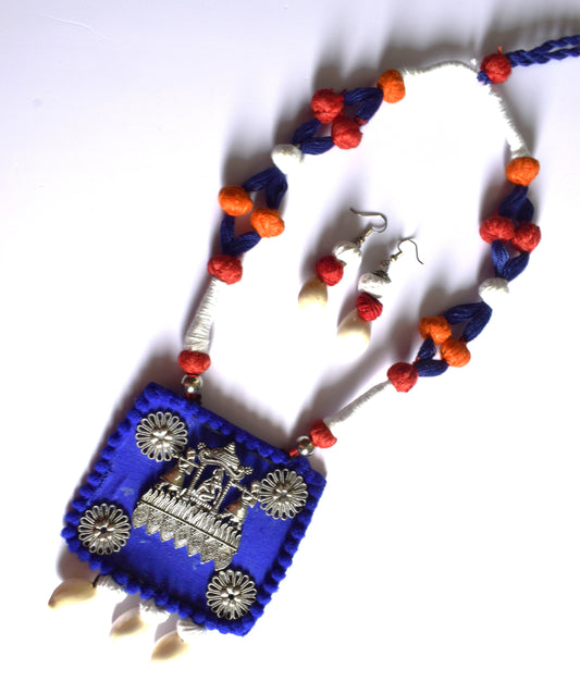 Blue and Black Fabric Necklace Set with Palki Pendant