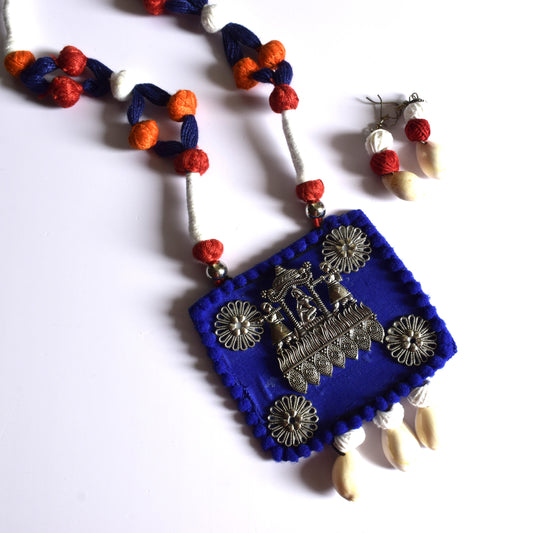 Blue and Black Fabric Necklace Set with Palki Pendant