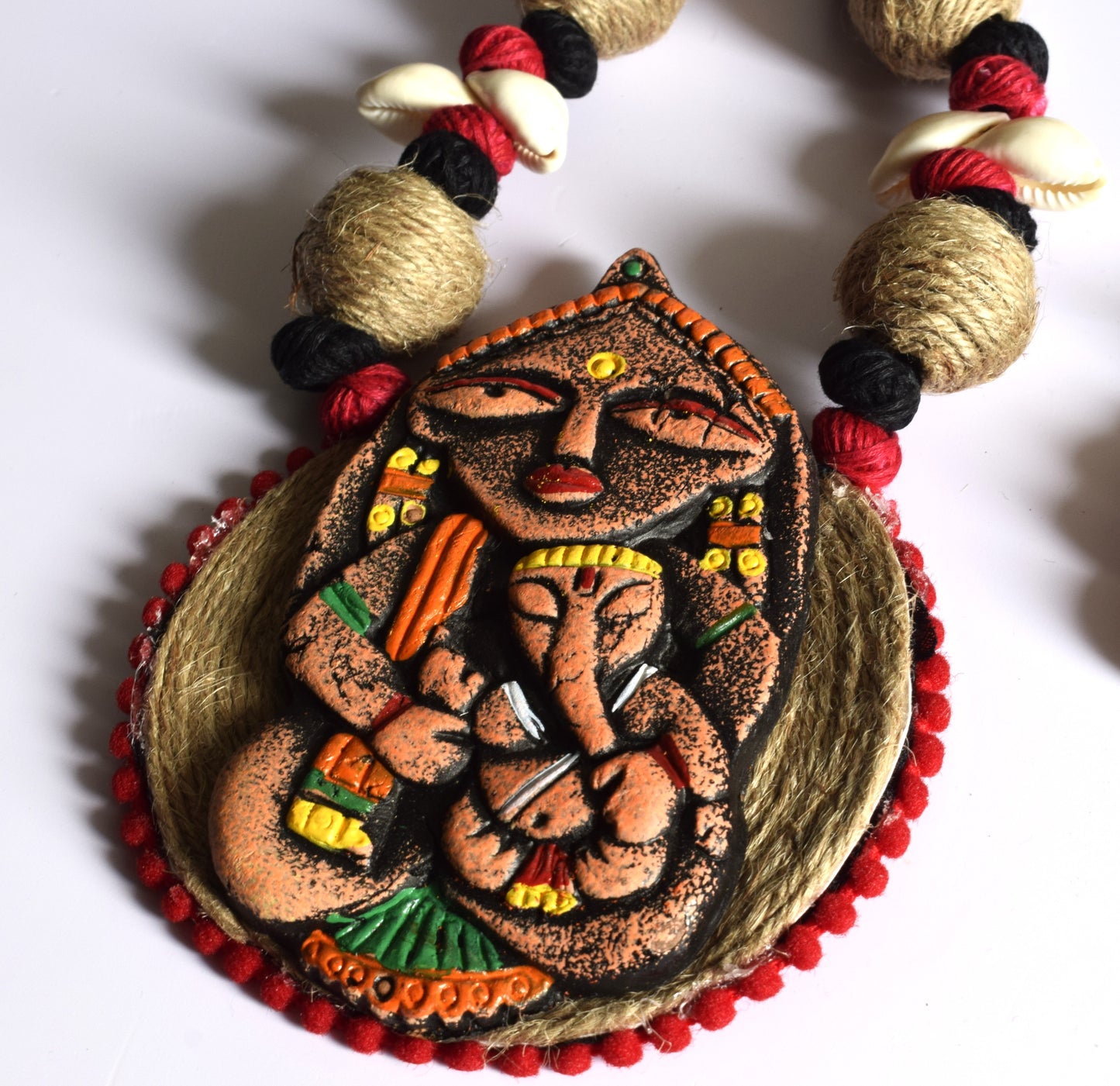 Terracotta Gauri Putra Ganesh Pendant Jute Necklace with Sea Shell Earrings