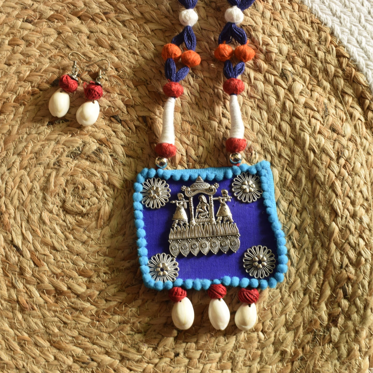 Blue and Black Fabric Necklace Set with Palki Pendant