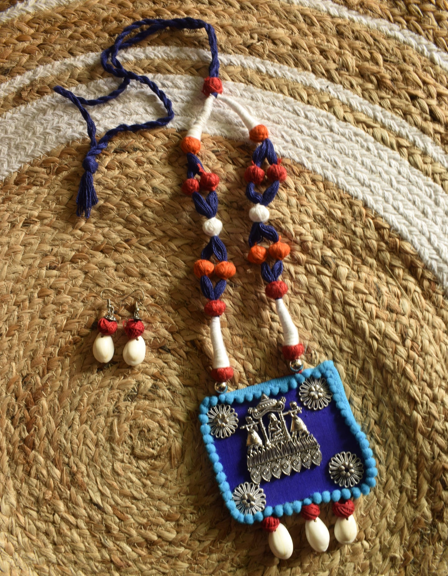 Blue and Black Fabric Necklace Set with Palki Pendant