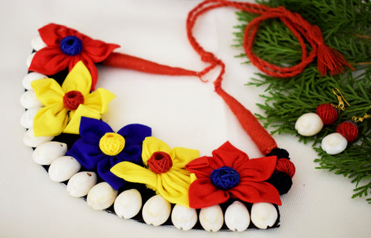 Multicolored Floral Fabric Necklace with Sea Shell Danglers