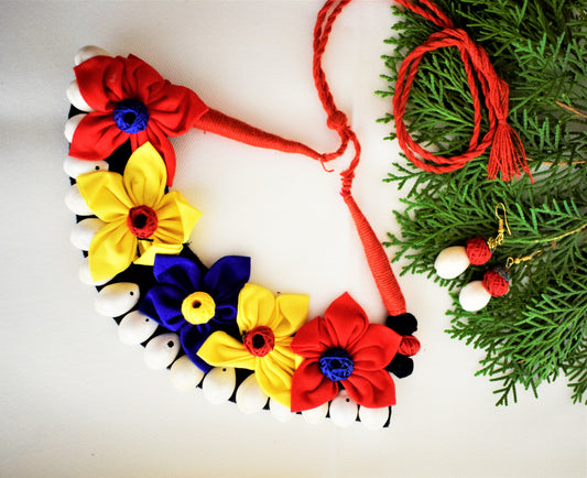 Multicolored Floral Fabric Necklace with Sea Shell Danglers
