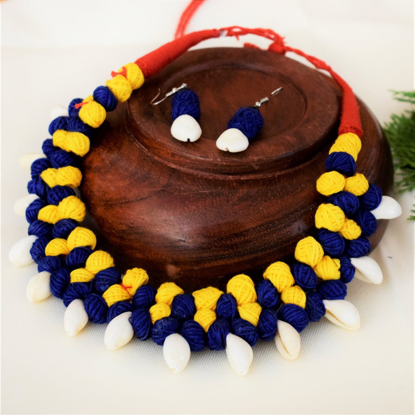Layered Fabric Bead Choker Necklace with Sea Shell Danglers