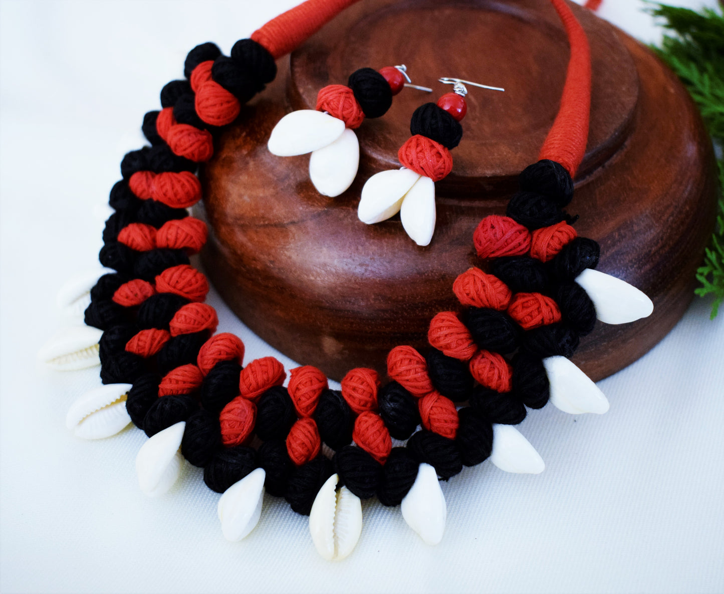 Layered Fabric Bead Choker Necklace with Sea Shell Danglers