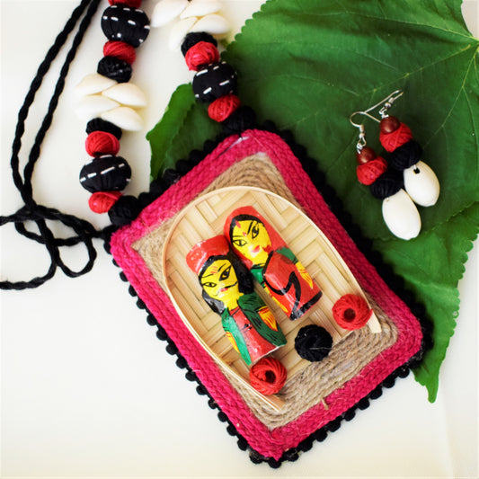 Bamboo Dolls Pendant Fabric Necklace with Shell Earrings