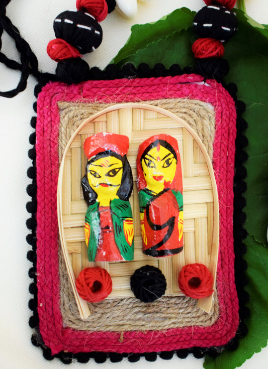 Bamboo Dolls Pendant Fabric Necklace with Shell Earrings