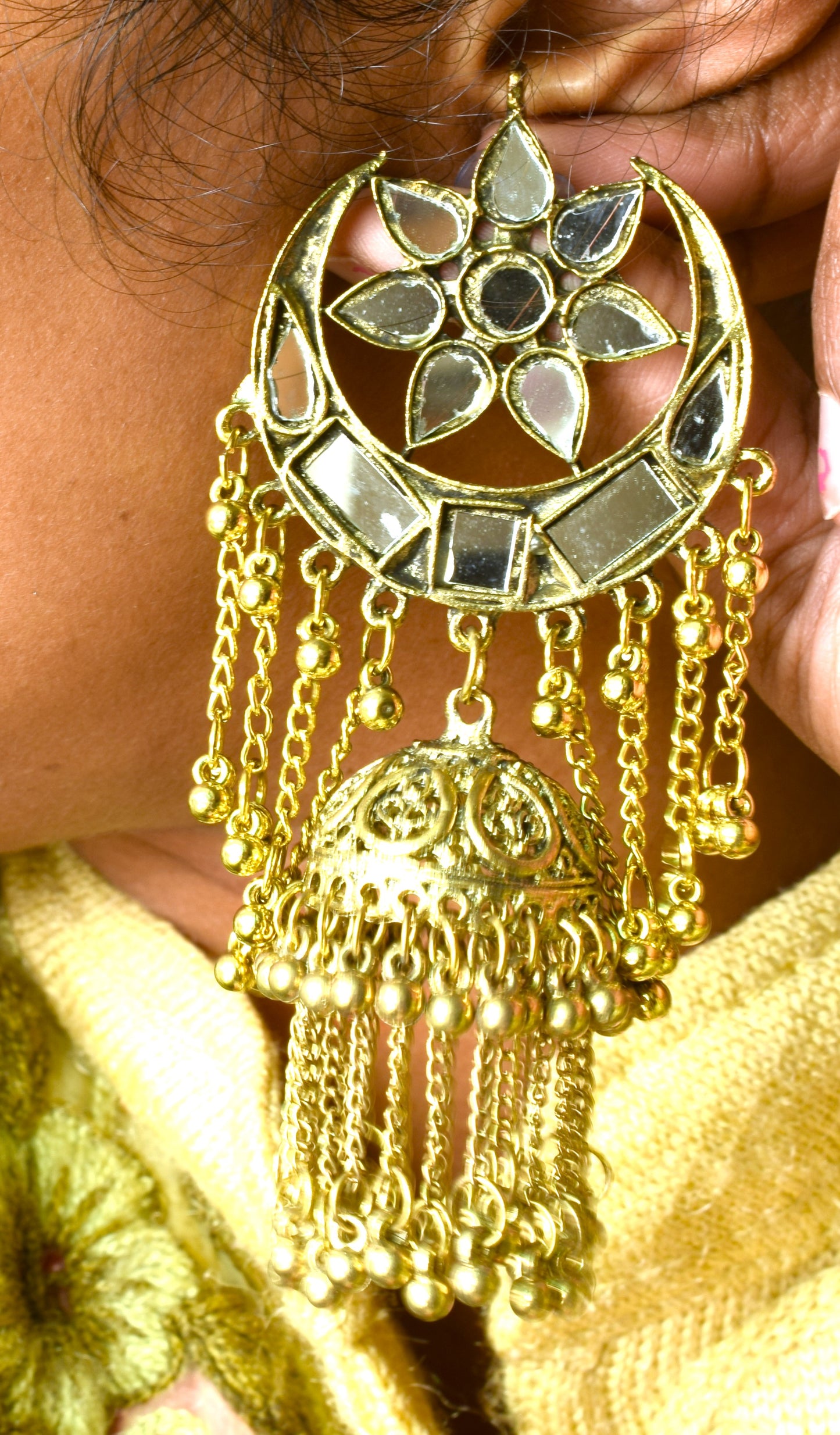 Sun and Moon Golden Oxidised Mirror Jhumka