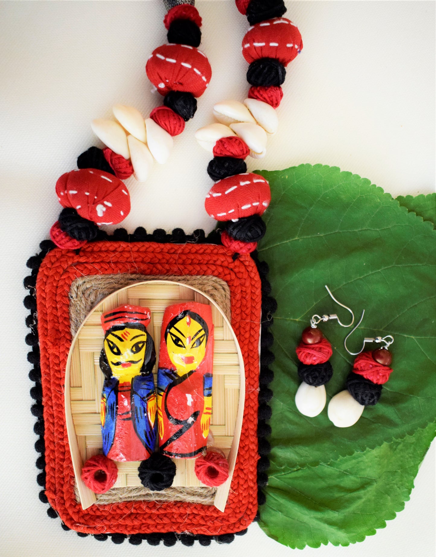 Bamboo Dolls Pendant Fabric Necklace with Shell Earrings