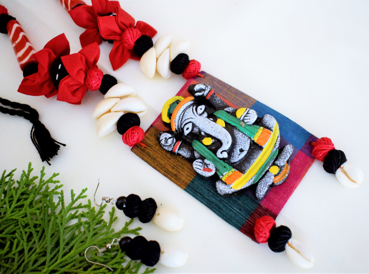 Terracotta Ganesh Pendant Fabric Necklace with Sea Shell Earrings