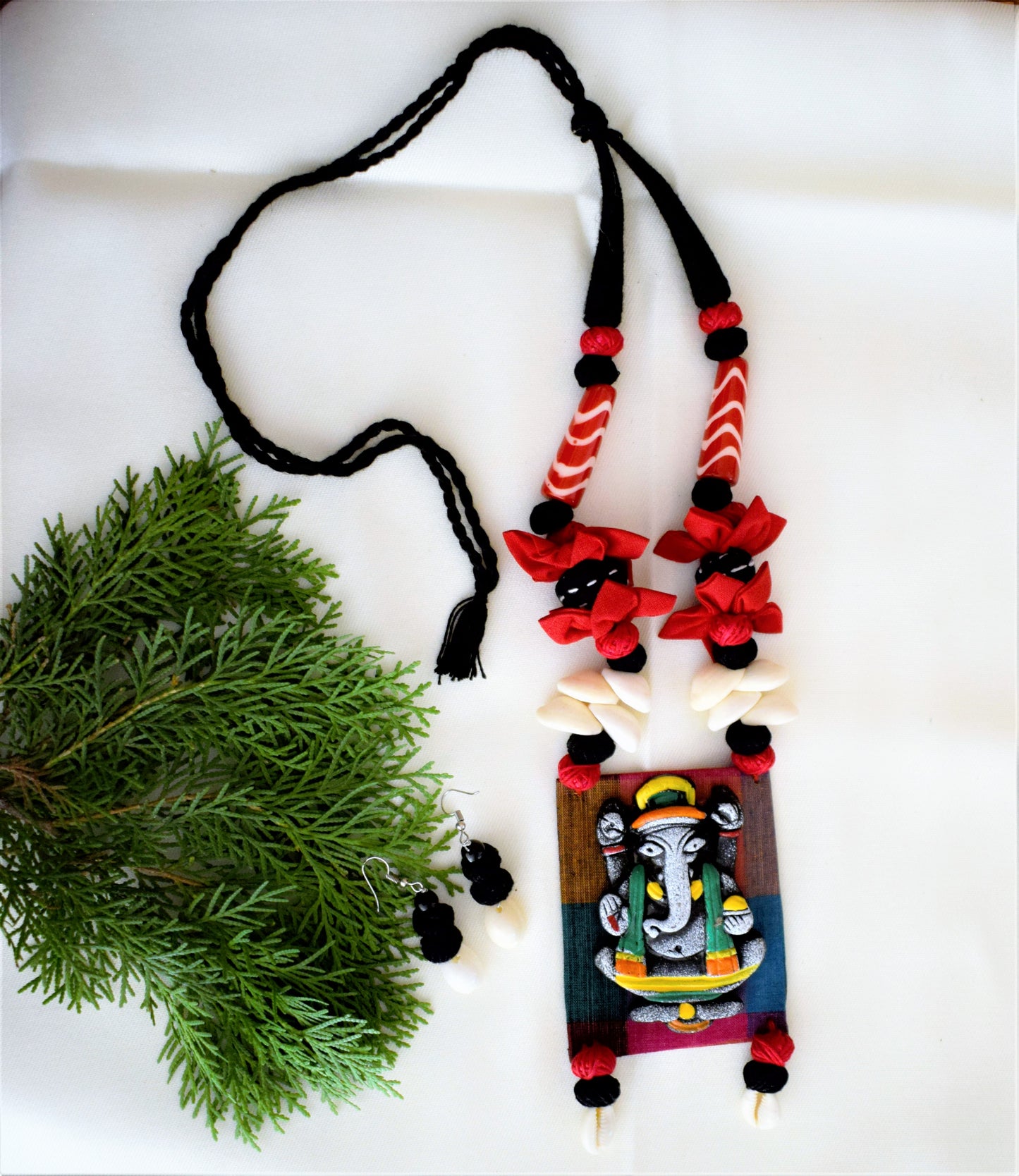 Terracotta Ganesh Pendant Fabric Necklace with Sea Shell Earrings