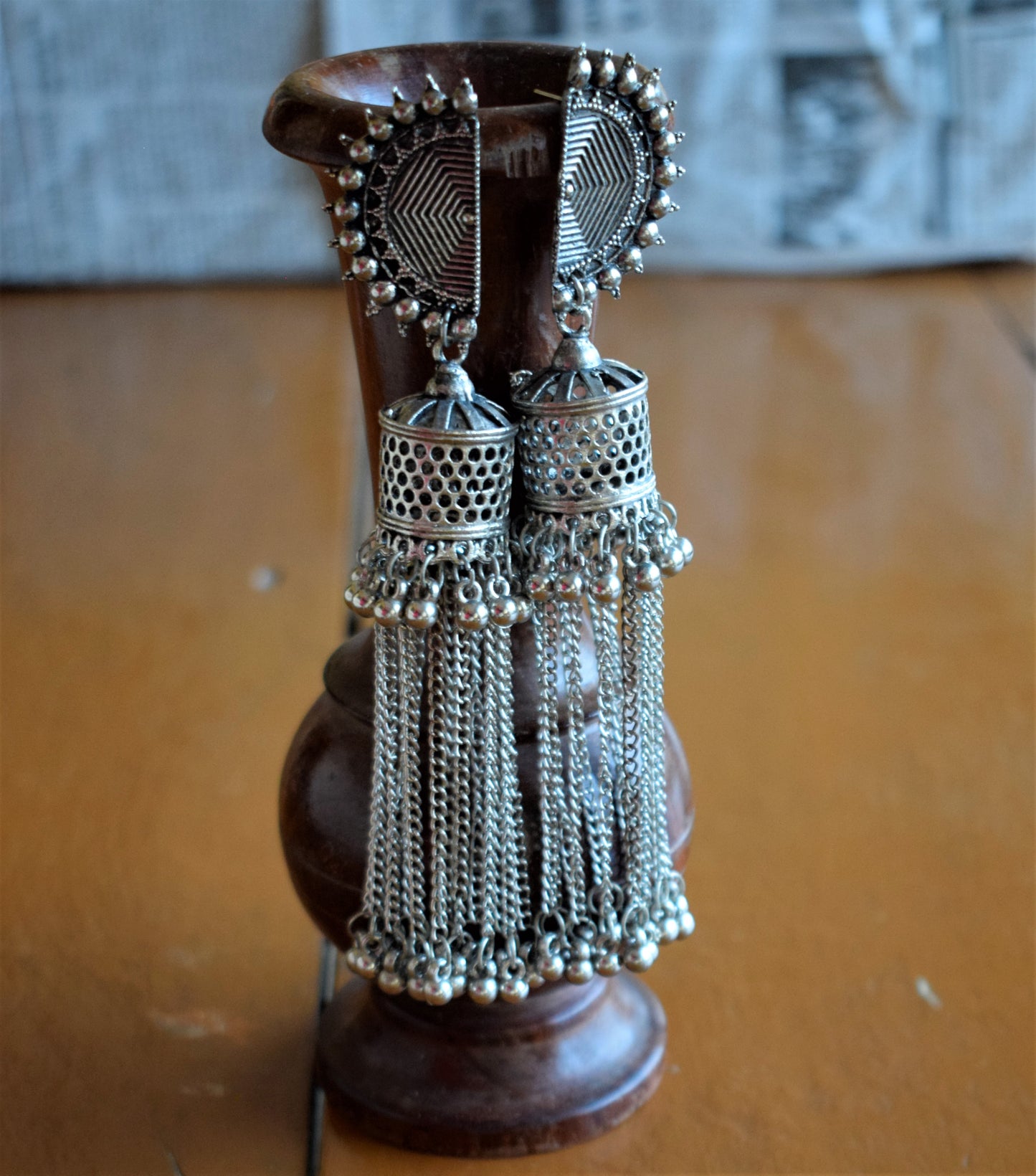 Silver Oxidized Suryanaman Tassel Jhumka