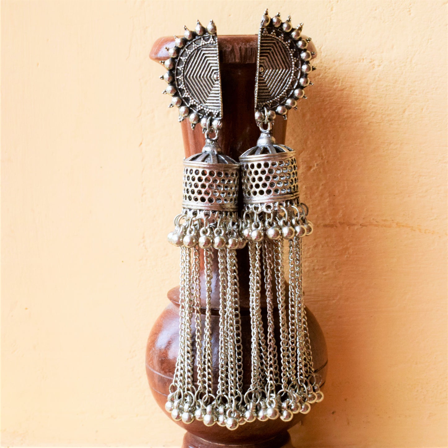 Silver Oxidized Suryanaman Tassel Jhumka