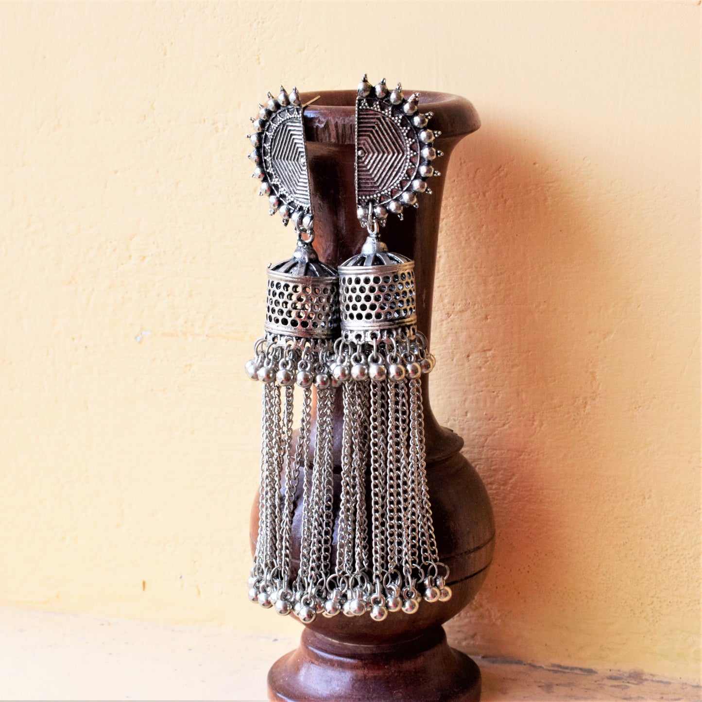 Silver Oxidized Suryanaman Tassel Jhumka
