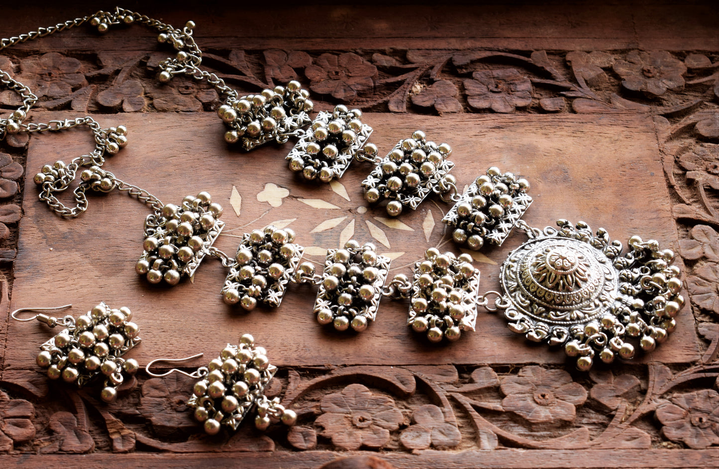 German Silver Ghungroo Bead Necklace with Earrings