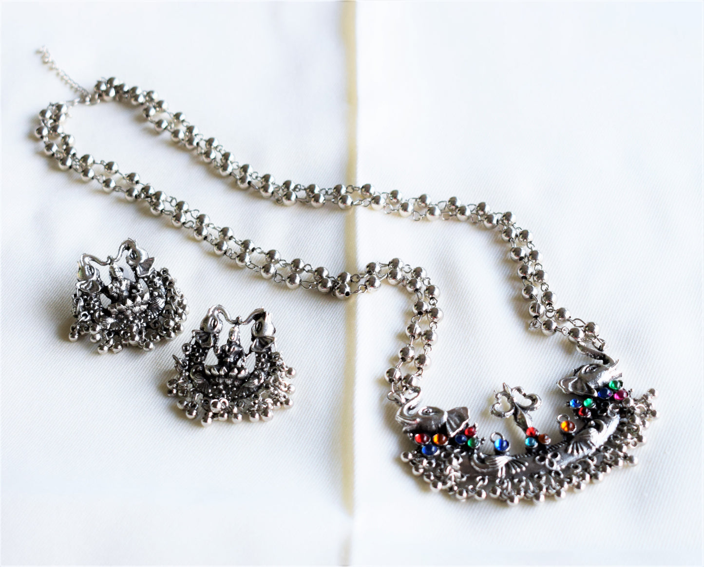 Silver Oxidised Lakshmi Trishul Necklace Set