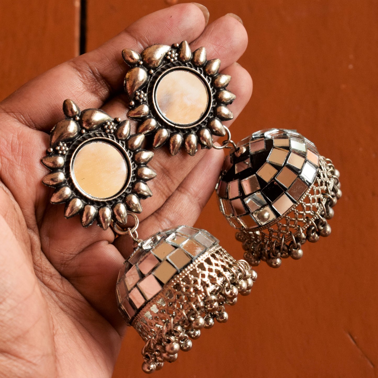 Kiran German Silver Mirror Jhumka