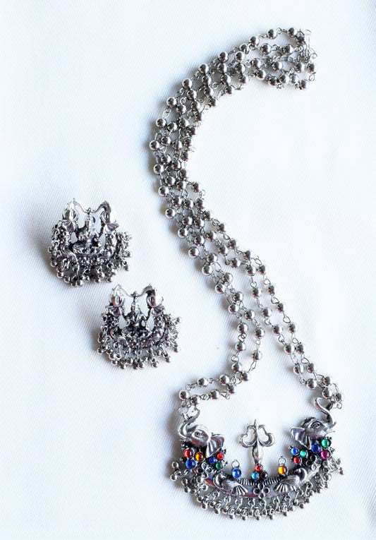 Silver Oxidised Lakshmi Trishul Necklace Set