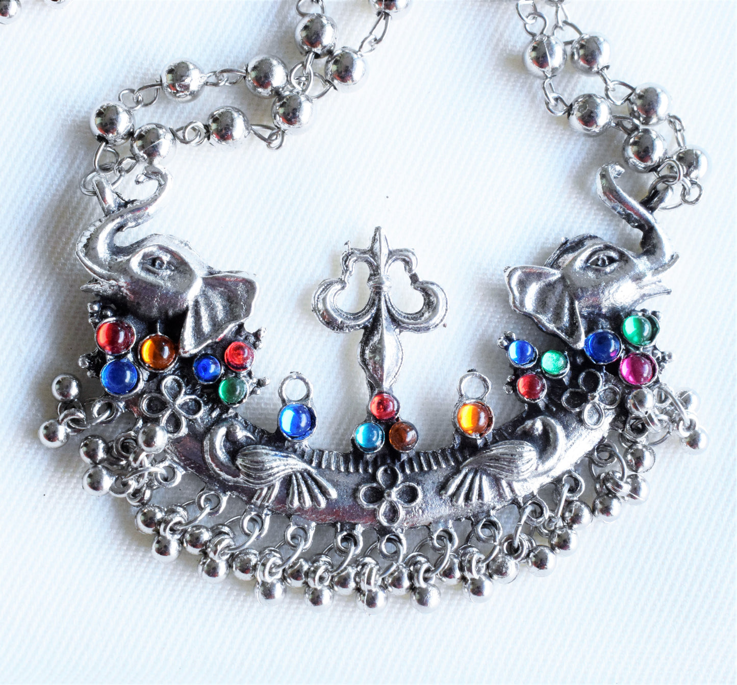 Silver Oxidised Lakshmi Trishul Necklace Set